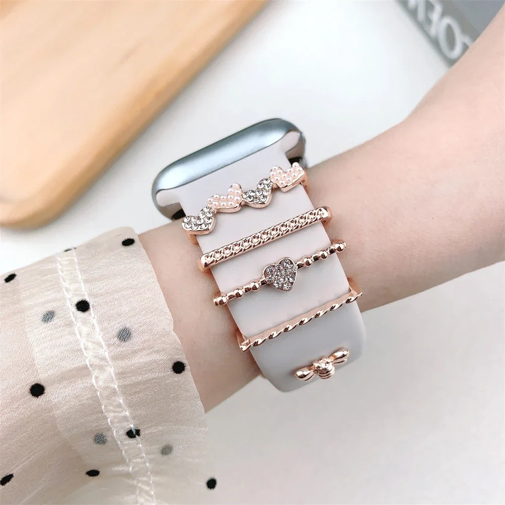 5pcs Decoration Ring For Apple Watch band Series 10 8 7 9 6 Diamond Jewelry Charms for Samsung Huawei Silicone band accessories