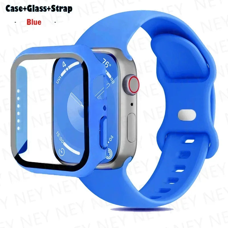 Glass+Case+watchbands For Apple Watch band 44mm 41mm 45mm 40mm 38mm 42mm Silicone band Apple Watch serises 9 8 4 5 6 SE 7 band