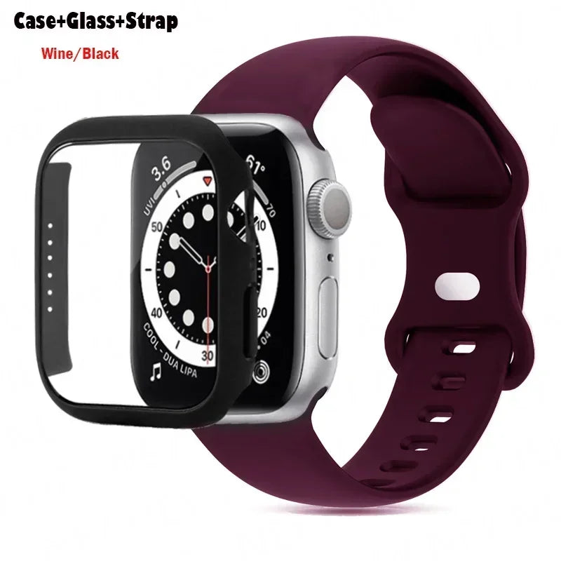 Glass+Case+watchbands For Apple Watch band 44mm 41mm 45mm 40mm 38mm 42mm Silicone band Apple Watch serises 9 8 4 5 6 SE 7 band