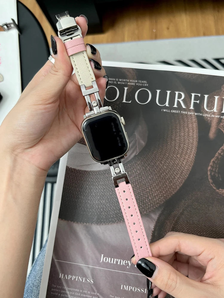 Luxury Leather band For Apple Watch Ultra 10 9 8 7 6 SE 5 4 Slim metal band For Apple Watch 38mm 40mm 42mm 44mm 45mm 46mm 49mm