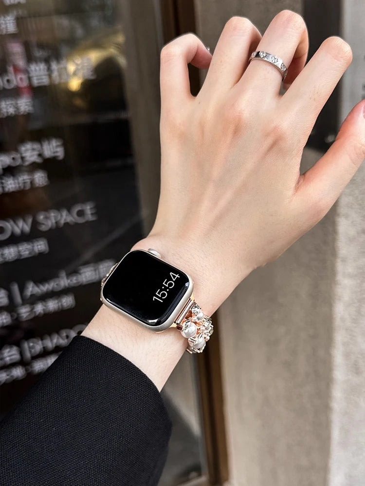 Luxury Diamond band For Apple Watch Ultra 10 9 8 7 6 5 4 Woman Pearl band For Apple Watch 38mm 40mm 41mm 42mm 45mm 46mm 49mm