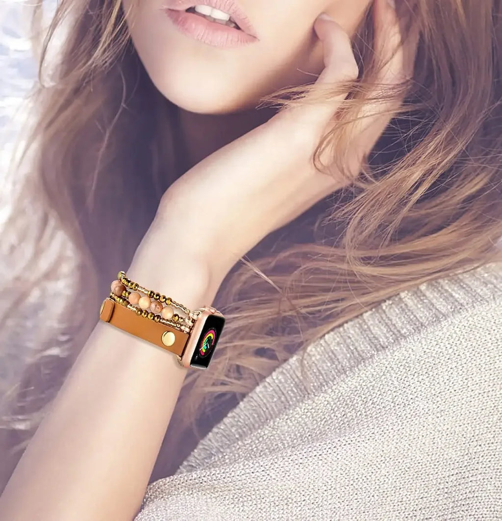 Beaded band For Apple Watch Ultra band 49mm 46mm 42mm 45mm 44mm 41mm Women Elastic Leather band Apple Watch Series 10 9 8 7 6 SE 5