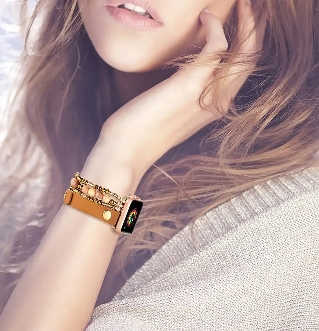 Beaded band For Apple Watch Ultra band 49mm 46mm 42mm 45mm 44mm 41mm Women Elastic Leather band Apple Watch Series 10 9 8 7 6 SE 5