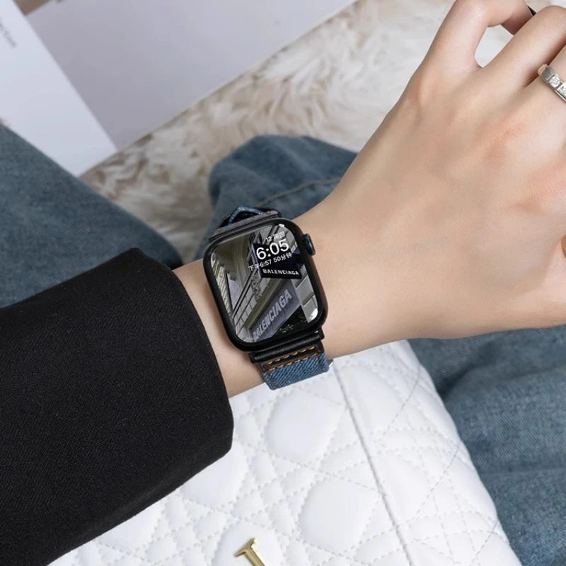 Suitable for Apple Watch band denim leather Apple Watch SE 49mm high quality wristband 40mm 38mm 44mm 41mm 42mm 45mm Ultra9 8 7 6 54 band