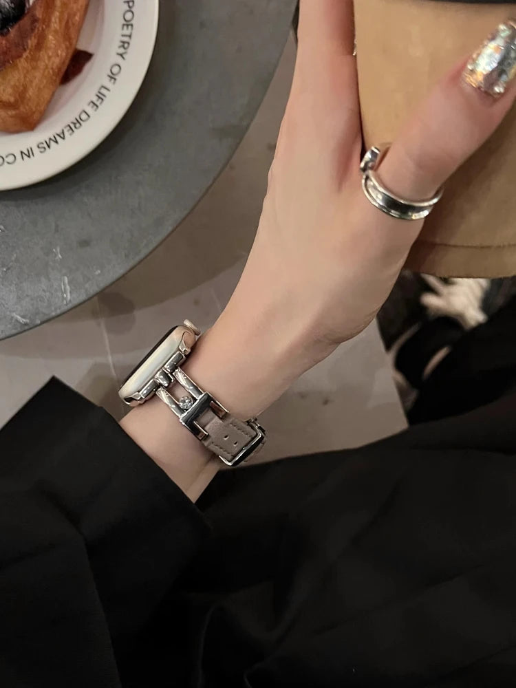 Luxury Leather band For Apple Watch Ultra 10 9 8 7 6 SE 5 4 Slim metal band For Apple Watch 38mm 40mm 42mm 44mm 45mm 46mm 49mm