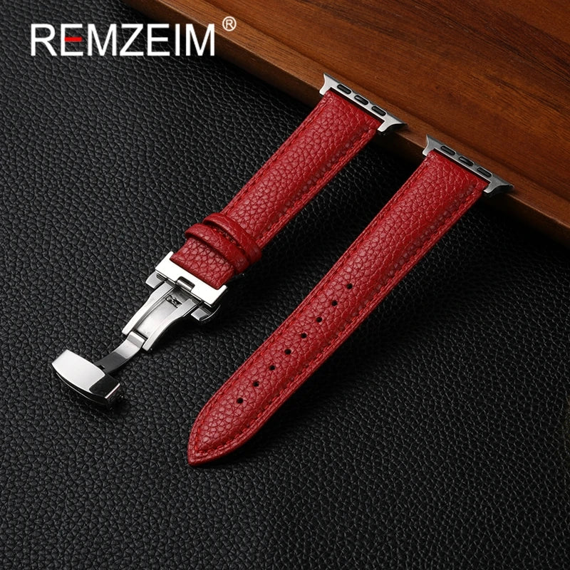 Leather Smartwatch band for Apple Watch 1 10 SE Ultra Butterfly Buckle Replacement band Fits 49mm 46mm 45mm 44mm and 42mm 41mm 40mm 38mm