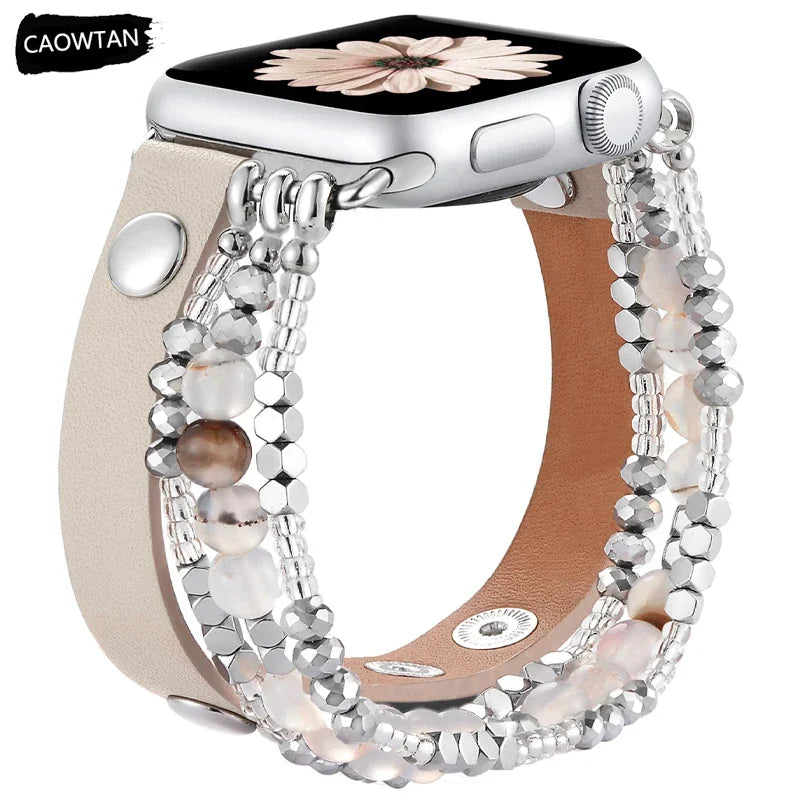Beaded band For Apple Watch Ultra band 49mm 46mm 42mm 45mm 44mm 41mm Women Elastic Leather band Apple Watch Series 10 9 8 7 6 SE 5