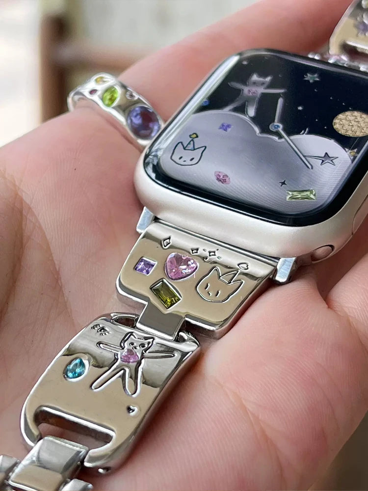 Cute Cat Glossy metal band For Apple Watch Ultra 10 9 8 7 42mm 45mm 46mm 49mm Diamond band For Apple Watch 38mm 41mm 6 5 SE 4