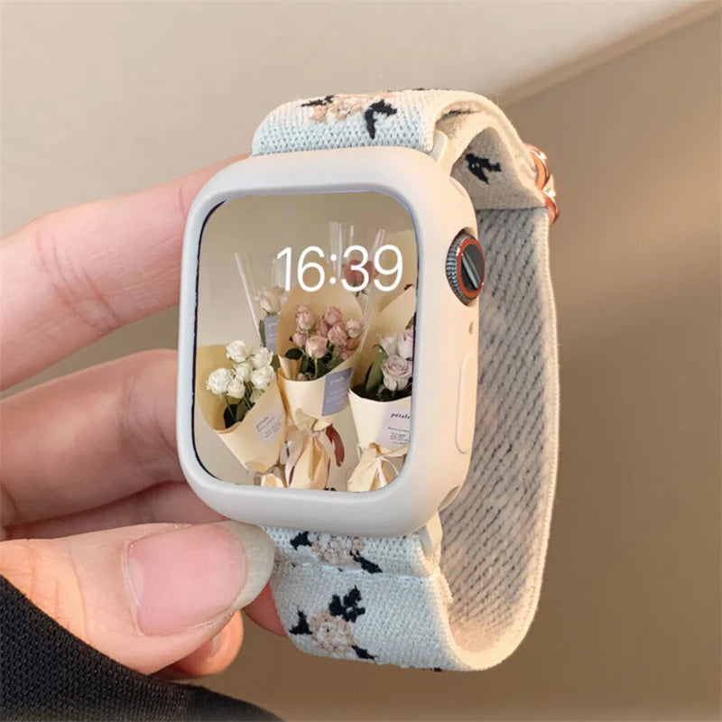 Retro Flower band+Case For Apple Watch band 49mm 40mm 44mm 45mm 41mm 38mm 42mm Elastic Nylon band For Apple Watch Serie 3 4 5 6 SE 7 8