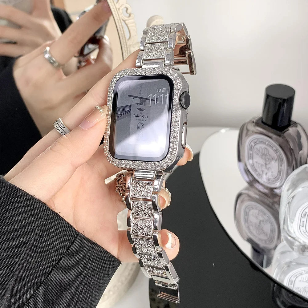 Diamond case+band For Apple Watch band 45mm 40mm 44mm 41mm 38mm 42mm 44mm metal Belt Apple Watch Series 9 8 7 SE 6 5 Women band
