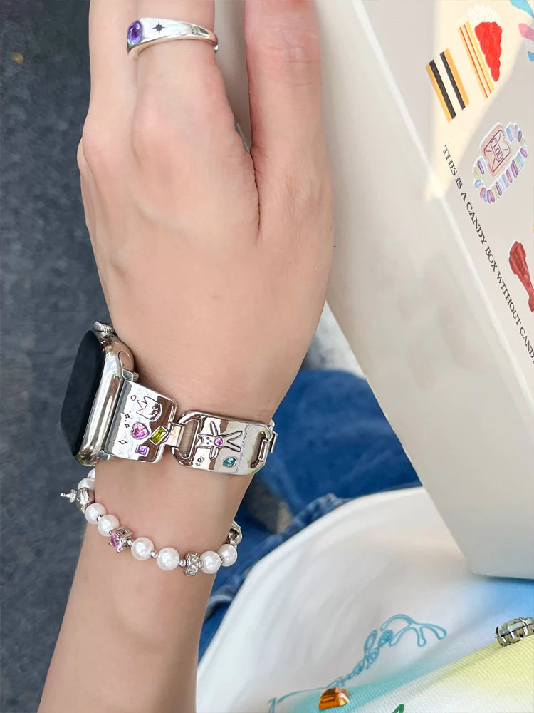 Cute Cat Glossy metal band For Apple Watch Ultra 10 9 8 7 42mm 45mm 46mm 49mm Diamond band For Apple Watch 38mm 41mm 6 5 SE 4