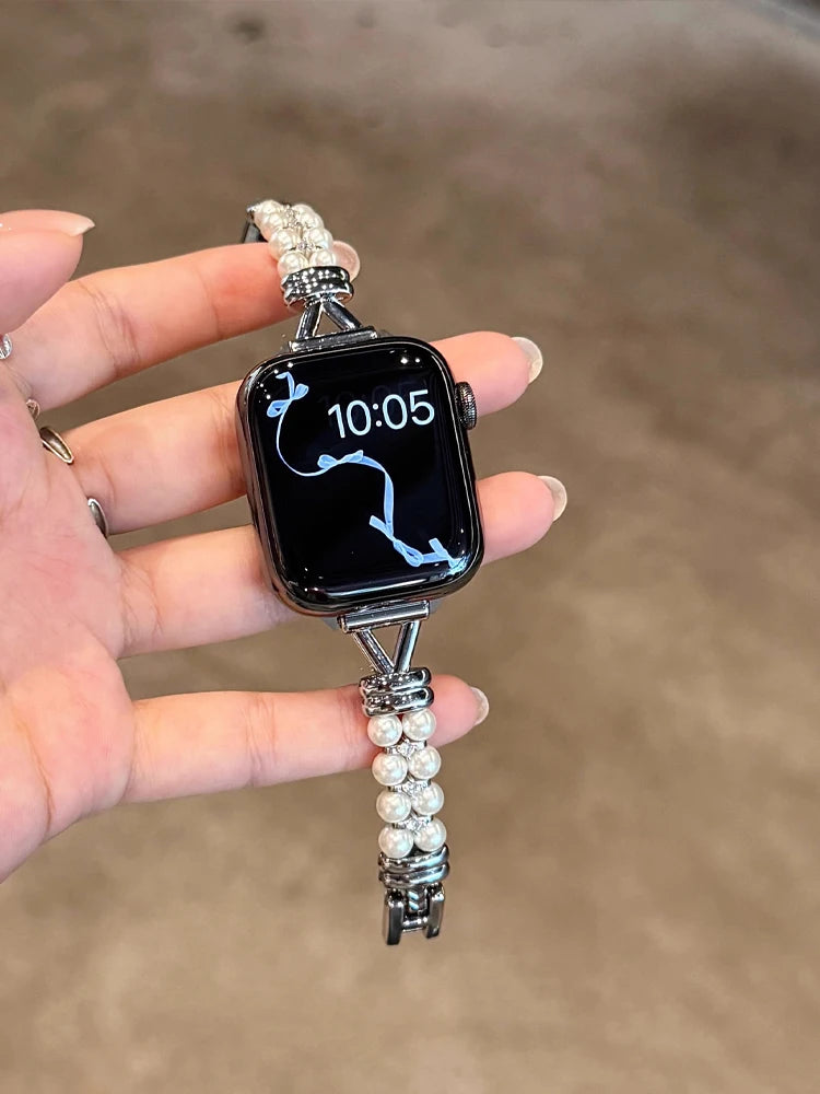 Luxury Pearl band For Apple Watch Ultra 10 9 8 7 6 5 4 Glossy metal band For Apple Watch 40mm 41mm 42mm 44mm 45mm 46mm 49mm