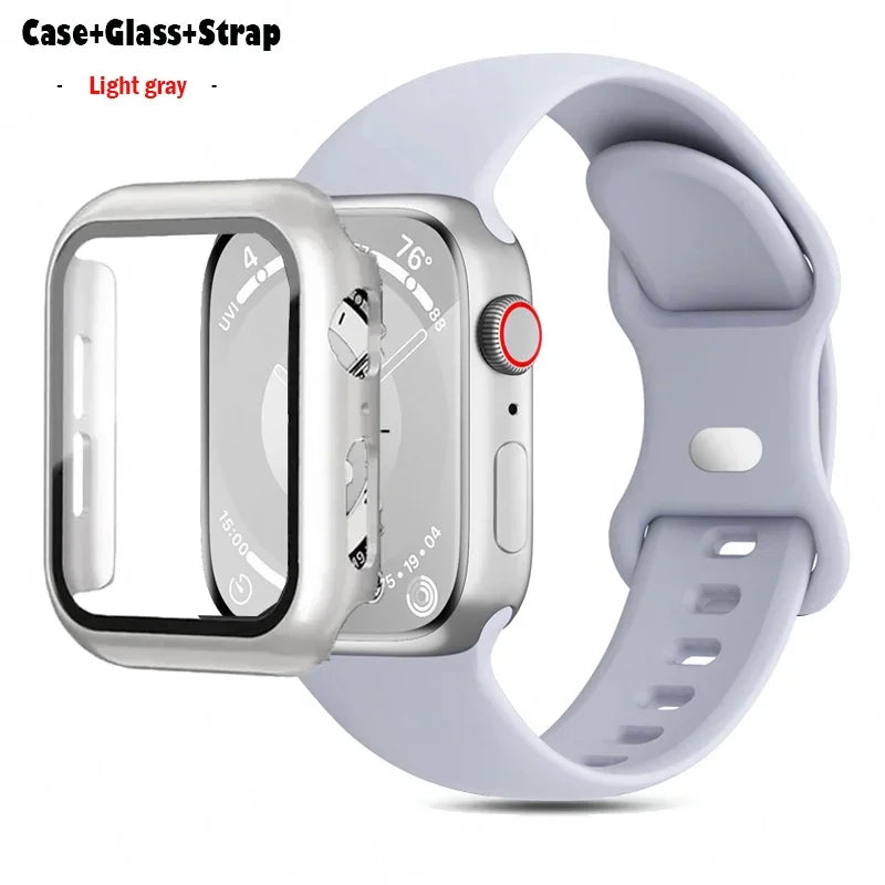 Glass+Case+band For Apple Watch band 44mm 40mm 45mm 41mm 38mm 42mm 44mm sport Silicone band Apple Watch Series 9 8 7 6 5 4 SE