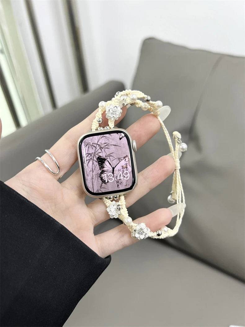 Ins Pearl Flowers band For Apple Watch Series 9 8 7 6 SE 4 5 45mm 44mm 42mm Woven Nylon band Apple Watch Ultra 2 49mm 40mm 38mm Woman