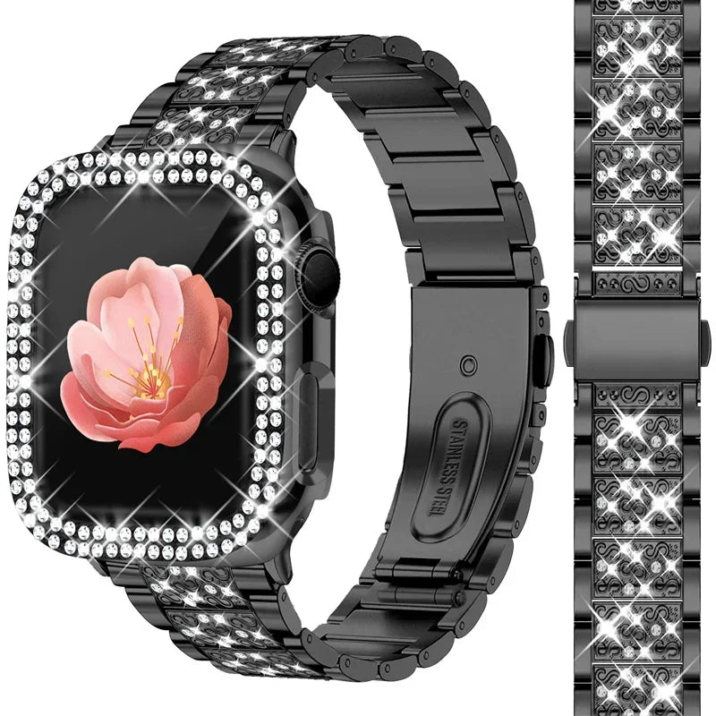 Diamond case+band For Apple Watch band 45mm 40mm 44mm 41mm 38mm 42mm 44mm metal Belt Apple Watch Series 9 8 7 SE 6 5 Women band