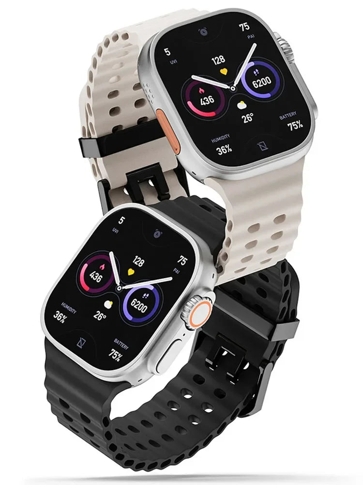 Metal Buckle+Ocean Silicone band For Apple Watch Ultra 3 2 1 49mm band wristband Apple Watch 11 10 46mm 9 8 7 45mm 6 5 SE 44mm