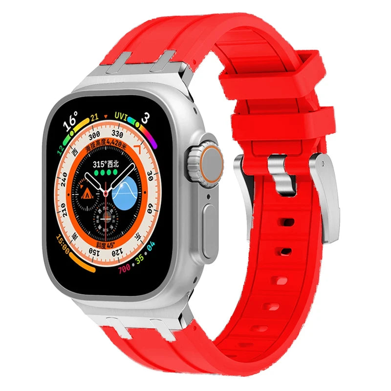 Titanium Color metal Head Silicone band for Apple Watch Ultra 2 49mm 45mm 44mm 42mm Rubber band for Apple Watch Series 9 8 7 6 5 4 SE 3
