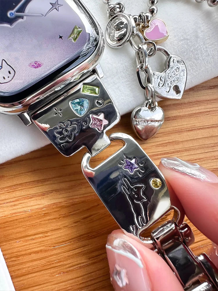 Cute Cat Glossy metal band For Apple Watch Ultra 10 9 8 7 42mm 45mm 46mm 49mm Diamond band For Apple Watch 38mm 41mm 6 5 SE 4