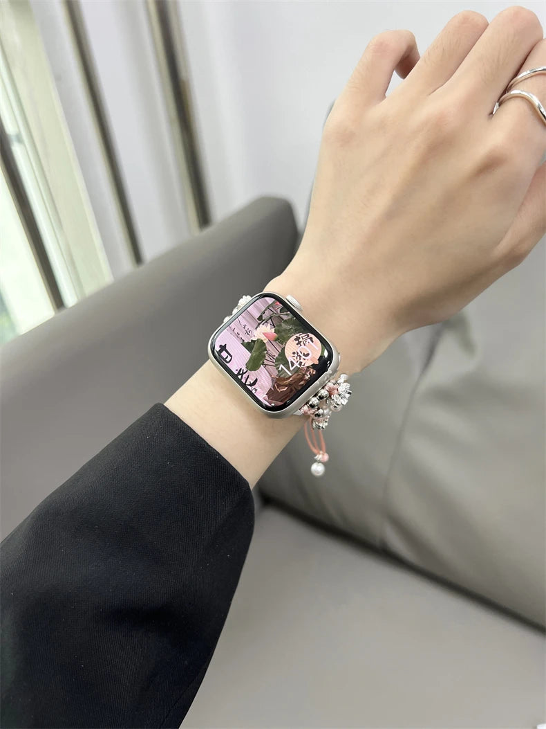 Ins Pearl Flowers band For Apple Watch Series 9 8 7 6 SE 4 5 45mm 44mm 42mm Woven Nylon band Apple Watch Ultra 2 49mm 40mm 38mm Woman