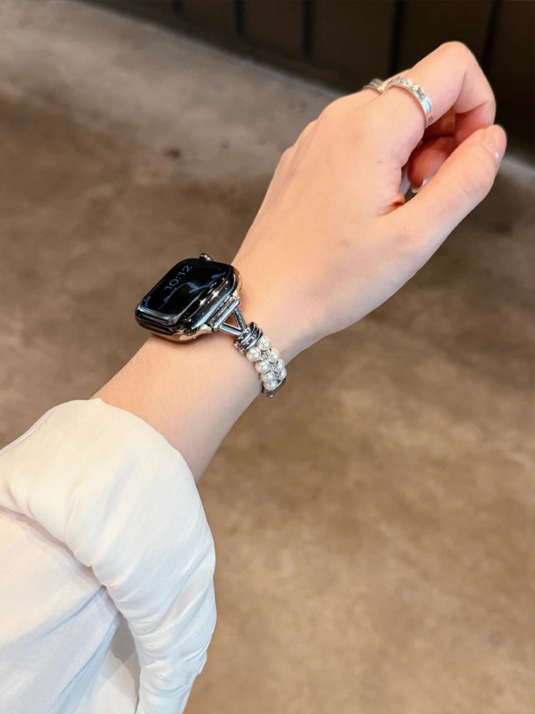 Luxury Pearl band For Apple Watch Ultra 10 9 8 7 6 5 4 Glossy metal band For Apple Watch 40mm 41mm 42mm 44mm 45mm 46mm 49mm