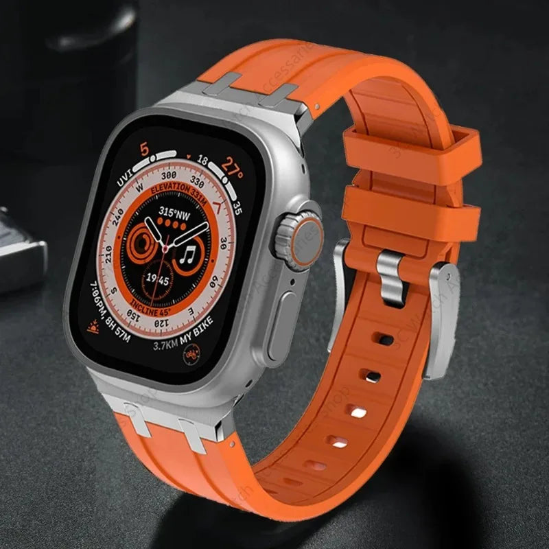 Titanium Color metal Head Silicone band for Apple Watch Ultra 2 49mm 45mm 44mm 42mm Rubber band for Apple Watch Series 9 8 7 6 5 4 SE 3
