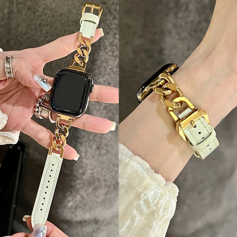 Leather band for Apple Watch 10 band 46mm 42mm 44mm 40mm 41mm 45mm Women Stainless Steel band Apple Watch Series 9 8 SE 7 6 Belt