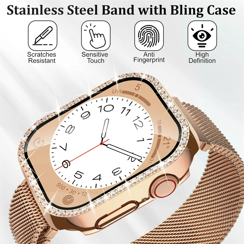 Milanese Loop+ case for Apple Watch Series 44mm 45mm 40mm 41mm 46mm 42mm diamond cover+band Apple Watch 9 8 7 6 5 4 10 Ultra 49mm band