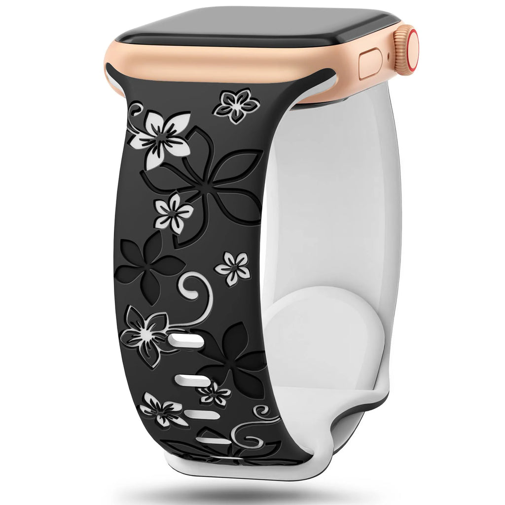 Floral Engraved band For Apple Watch band 46mm 41mm 40mm 44mm 45mm 42mm 49mm Silicone Sport Apple Watch Series 11 10 SE 9 8 Ultra 2