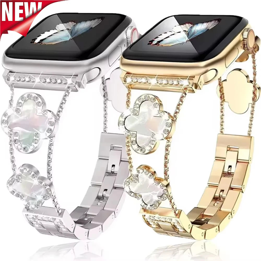 Diamond Four leaf Clover metal band for Apple Watch Ultra 2 49mm 46mm 44mm 42mm 41mm 40mm 38mm band for Apple Watch Series 10 9 8 7 SE 6 ban