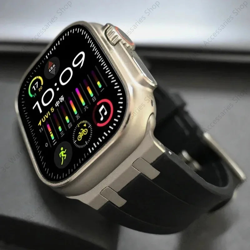 Titanium Color metal Head Silicone band for Apple Watch Ultra 2 49mm 45mm 44mm 42mm Rubber band for Apple Watch Series 9 8 7 6 5 4 SE 3