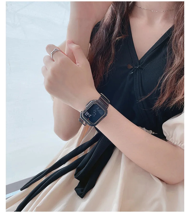 For Apple Watch band 44mm 40mm 45mm 46mm 42mm 38mm 41mm Transparent Silicone band Apple Watch Series 10 9 8 7 6 3 SE Case+bands