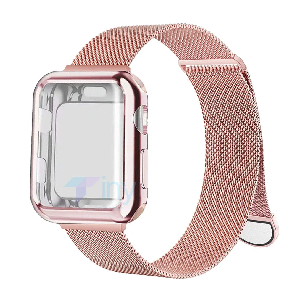 Milanese band+case for Apple Watch band 46mm 42mm 49mm 40mm 44mm 41mm 45mm Screen Protection For Apple Watch Ultra 2 Series 10 9 8 7 6 SE