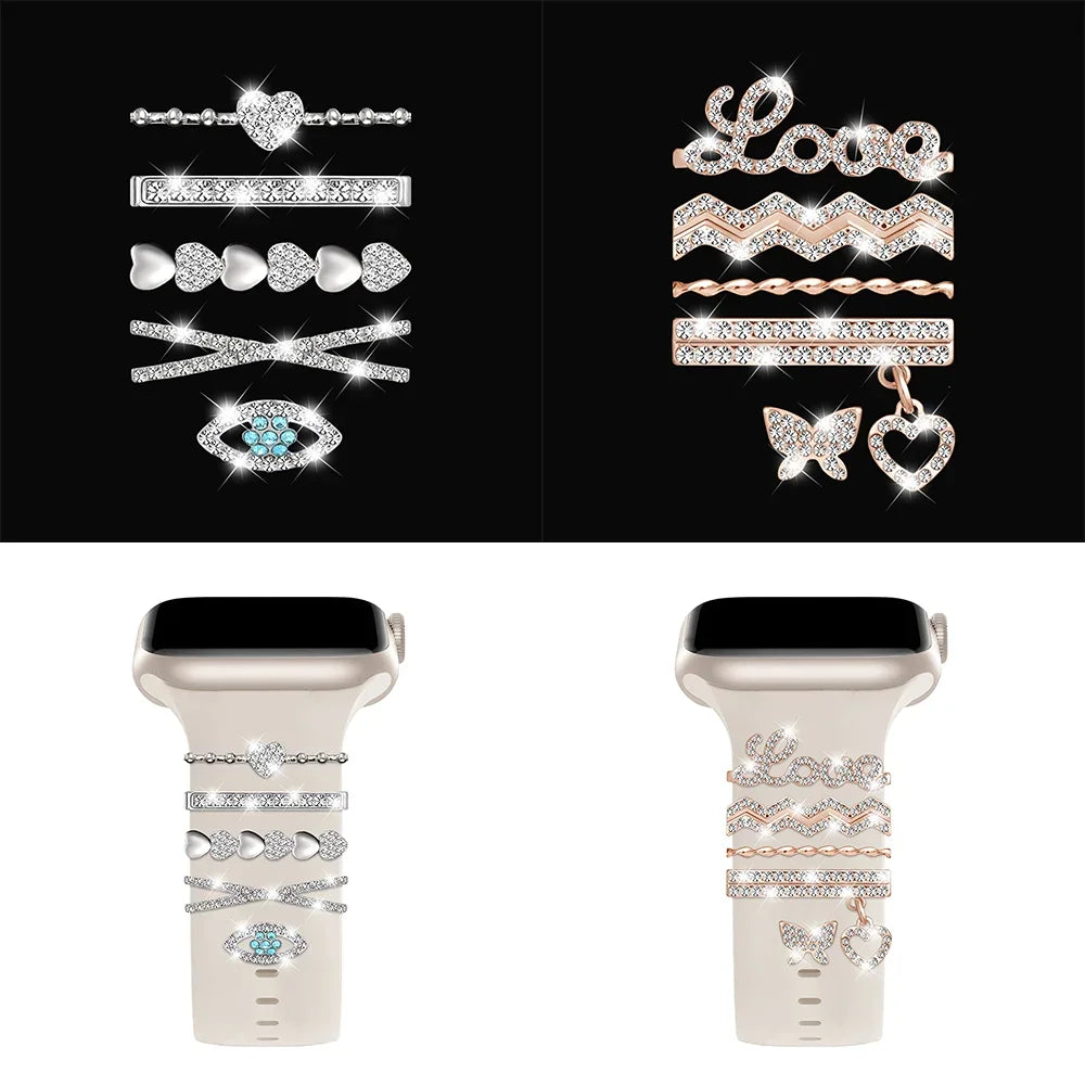 5pcs Decoration Ring For Apple Watch band Series 10 8 7 9 6 Diamond Jewelry Charms for Samsung Huawei Silicone band accessories