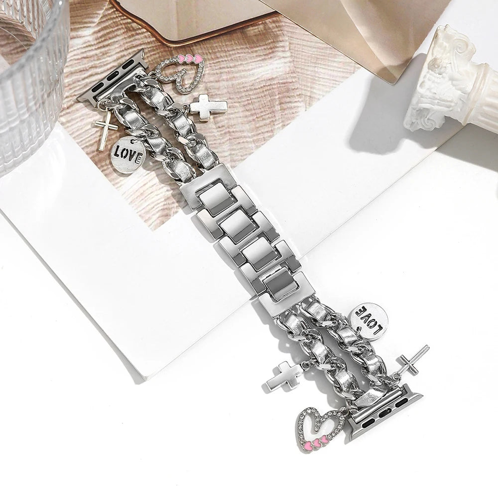 Stylish metal Charms Watch band Compatible with Apple Watch band 38mm 40mm 41mm 42mm 44mm 45mm 49mm Replacement band with Unique Pendants