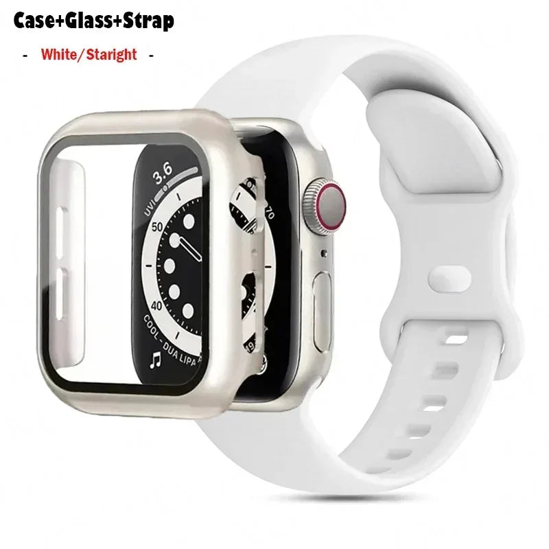 Glass+Case+watchbands For Apple Watch band 44mm 41mm 45mm 40mm 38mm 42mm Silicone band Apple Watch serises 9 8 4 5 6 SE 7 band