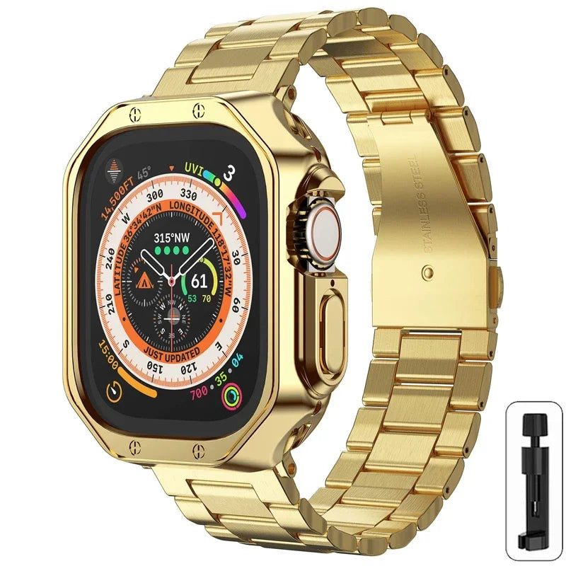 Golden band for Apple Watch Ultra band 49mm 45mm 44mm Stainless Steel band and Armor TPU Case Apple Watch 9 8 7 41mm SE 6 40mm