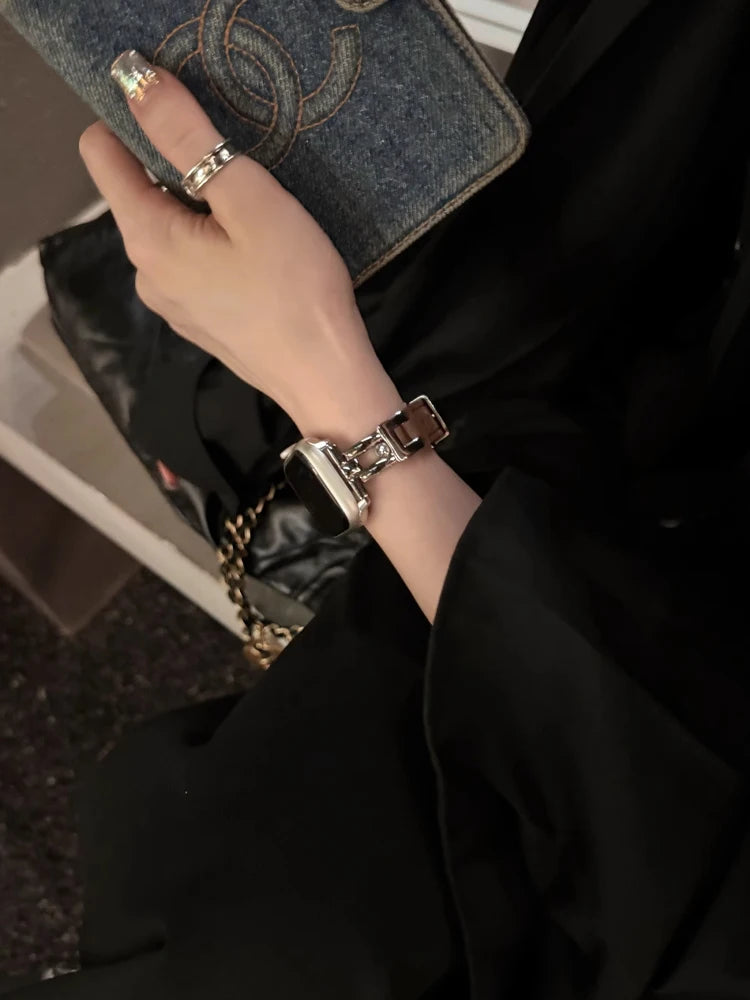 Luxury Leather band For Apple Watch Ultra 10 9 8 7 6 SE 5 4 Slim metal band For Apple Watch 38mm 40mm 42mm 44mm 45mm 46mm 49mm