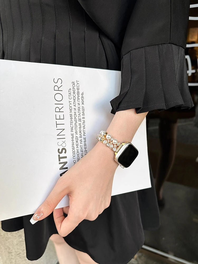 Luxury Diamond band For Apple Watch Ultra 10 9 8 7 6 5 4 Woman Pearl band For Apple Watch 38mm 40mm 41mm 42mm 45mm 46mm 49mm