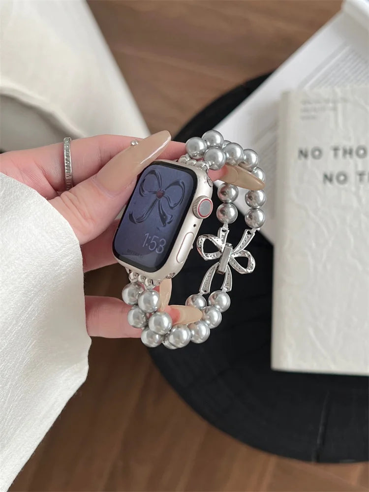 Luxury Diamond Bow band For Apple Watch Ultra Series 9 8 7 42mm 45mm 49mm Pearl Women band For Apple Watch 38mm 40mm 41mm 6 5 SE 4