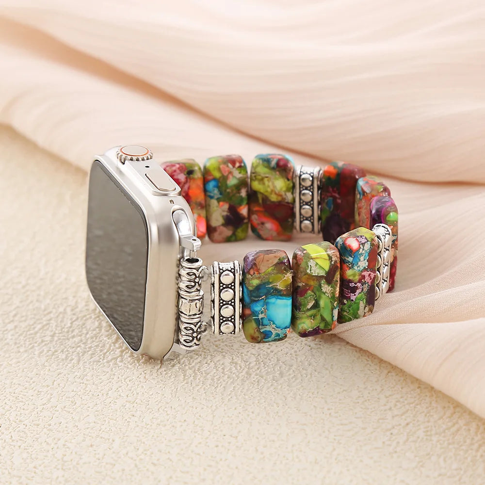 Beaded Natural Stone band Women Compatible For Apple Watch band Series Handmade Elastic Watch band Accessories