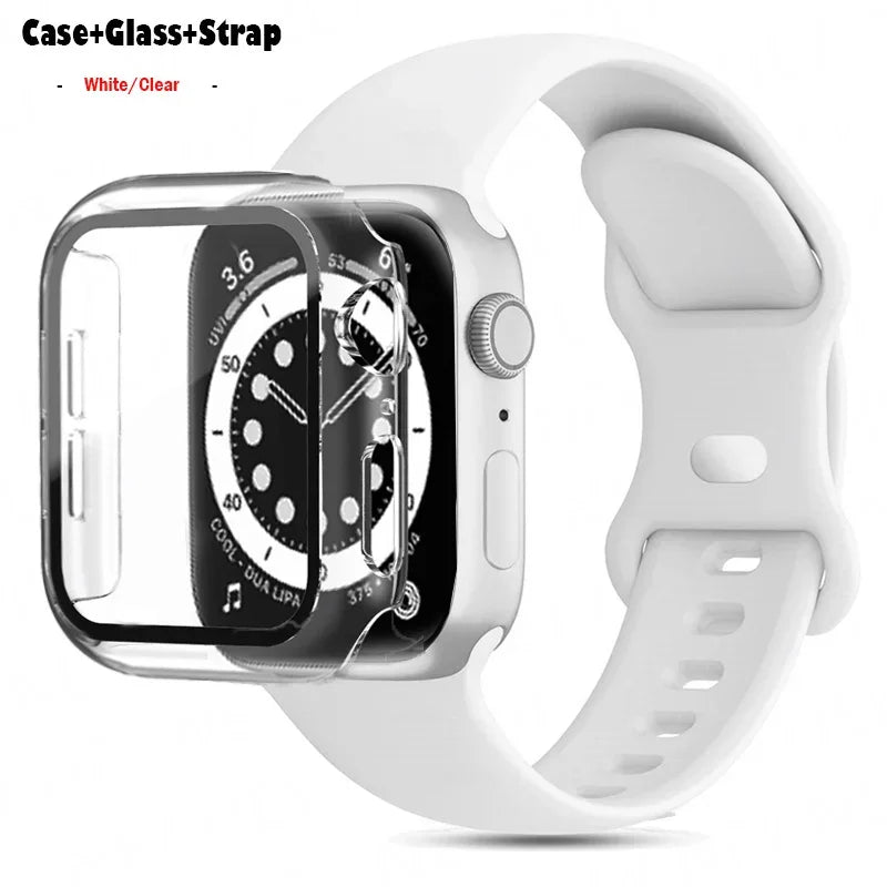 Glass+Case+band For Apple Watch band 44mm 40mm 45mm 41mm 38mm 42mm 44mm sport Silicone band Apple Watch Series 9 8 7 6 5 4 SE