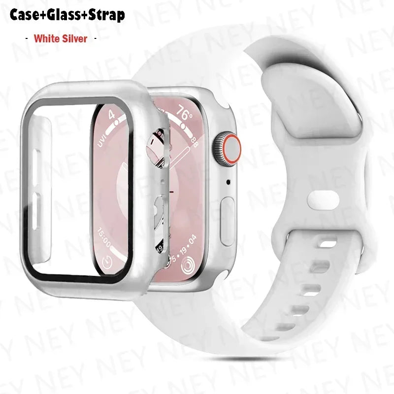 Glass+Case+watchbands For Apple Watch band 44mm 41mm 45mm 40mm 38mm 42mm Silicone band Apple Watch serises 9 8 4 5 6 SE 7 band