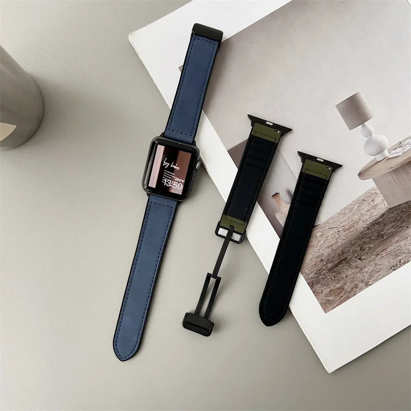 band For Apple Watch 11 46mm 42mm 44mm 40mm 41mm 45mm Magnetic Buckle Crazy Horse Leather+Silicone band serie 10 9 8 7 6 se Ultra 3 2