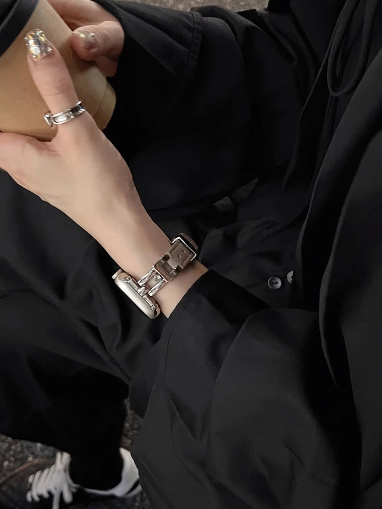 Luxury Leather band For Apple Watch Ultra 10 9 8 7 6 SE 5 4 Slim metal band For Apple Watch 38mm 40mm 42mm 44mm 45mm 46mm 49mm