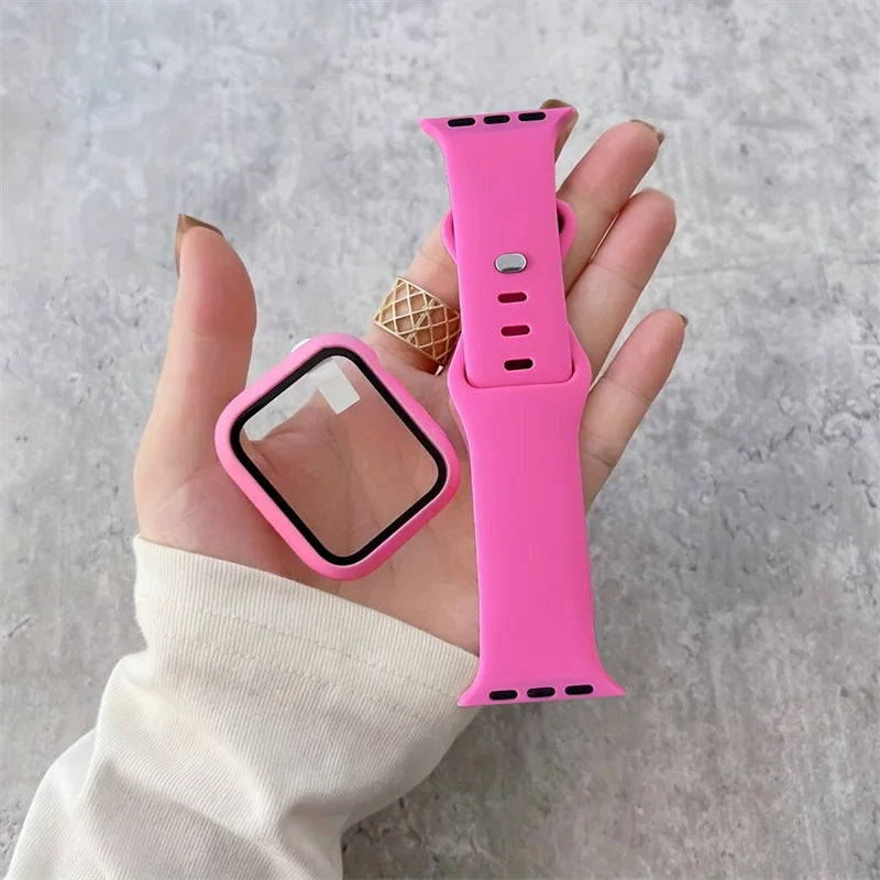 Glass+Case+band For Apple Watch band 44mm 40mm 45mm 41mm 38mm 42mm 44mm sport Silicone band Apple Watch Series 9 8 7 6 5 4 SE