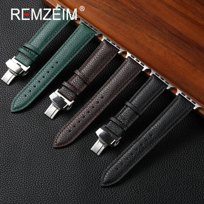 Leather Smartwatch band for Apple Watch 1 10 SE Ultra Butterfly Buckle Replacement band Fits 49mm 46mm 45mm 44mm and 42mm 41mm 40mm 38mm