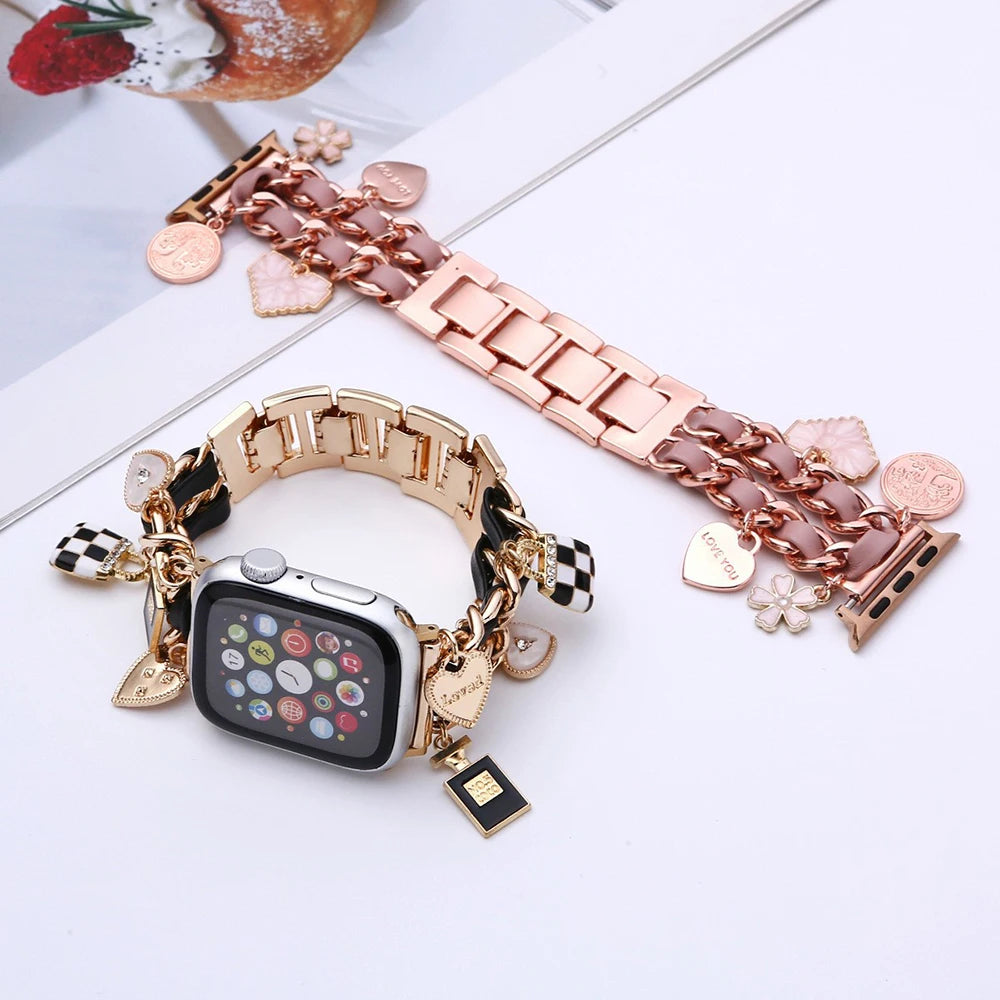 Stylish metal Charms Watch band Compatible with Apple Watch band 38mm 40mm 41mm 42mm 44mm 45mm 49mm Replacement band with Unique Pendants