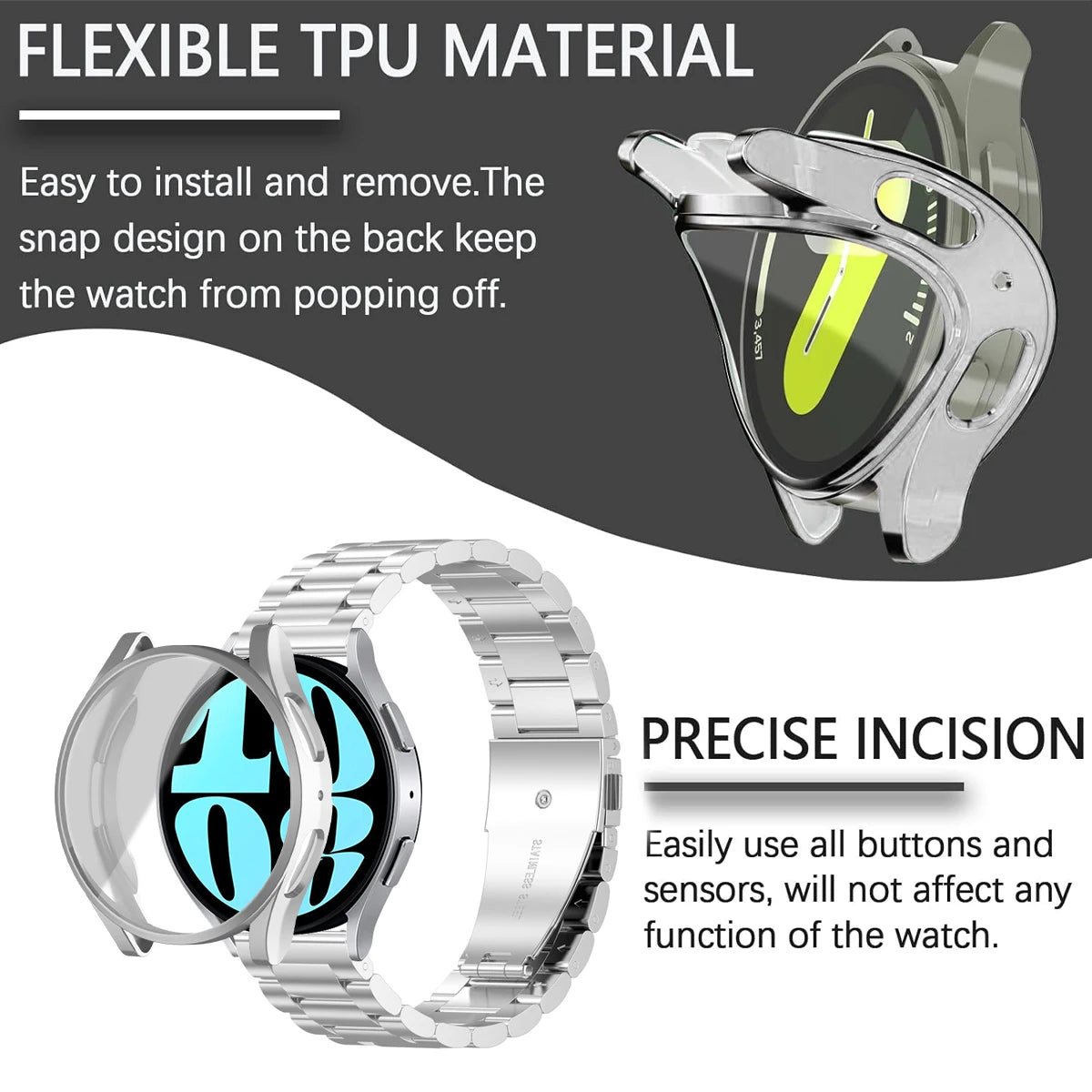 Band+Case for Samsung Galaxy Watch 7 6 5 4 44mm 40mm Stainless Steel Bracelet TPU Cover Watch 6/4Classic 43/47mm 46mm 42mm Strap