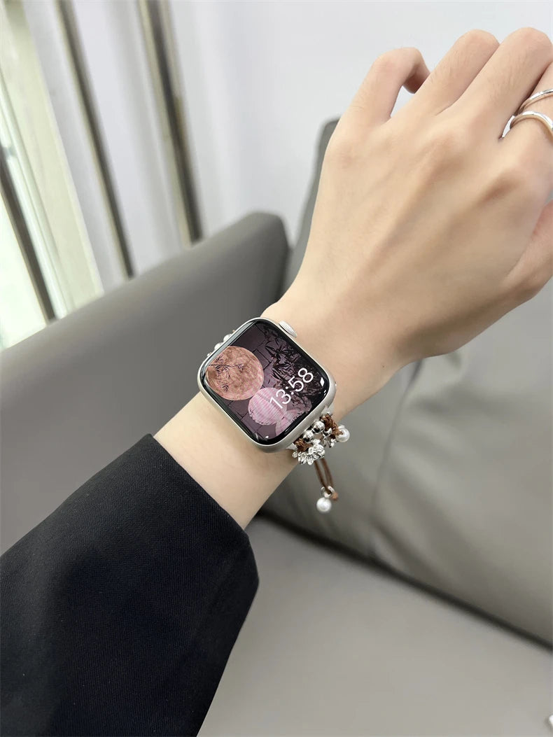 Ins Pearl Flowers band For Apple Watch Series 9 8 7 6 SE 4 5 45mm 44mm 42mm Woven Nylon band Apple Watch Ultra 2 49mm 40mm 38mm Woman