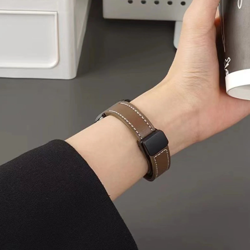 Magnetic Buckle band For Apple Watch 10 42mm 46mm SE 44mm 40mm 9 8 7 41mm 45mm Folding Slim Leather band Apple Watch Series 10 8 7 6 5